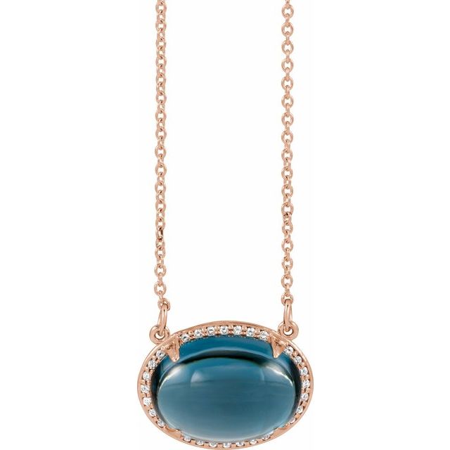 december london blue topaz oval diamond-halo necklace in 14k rose gold