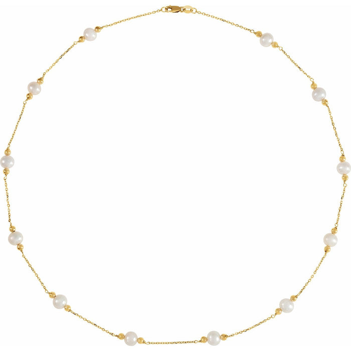 Freshwater Pearl & Bead Station Necklace in 14K Yellow Gold