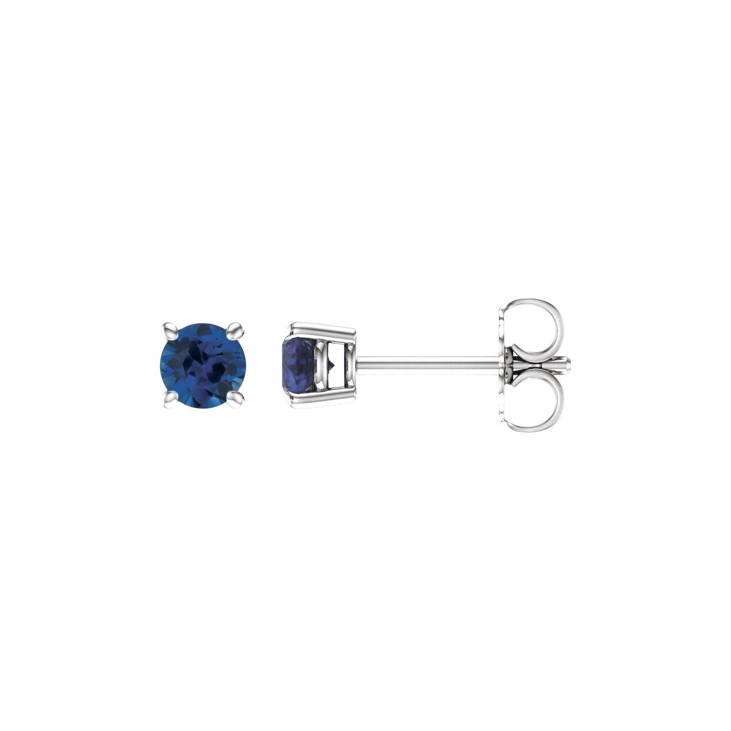14K White Gold round lab-grown blue sapphire earrings