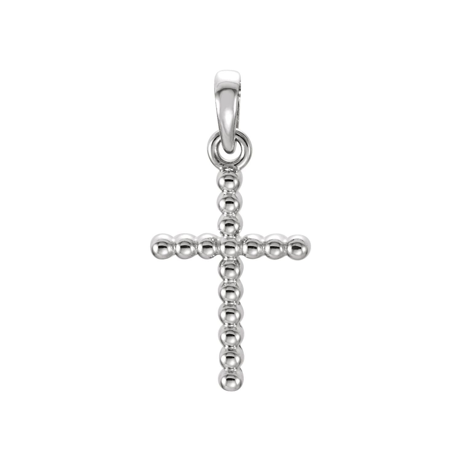 Beaded Edge Gold Cross Necklace in 14K White Gold