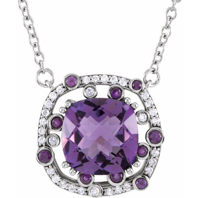 february amethyst cushion diamond necklace in 14k white gold