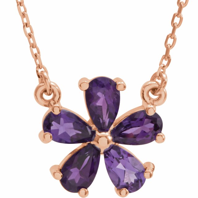 february amethyst pear rose gold flower necklace in 14k rose gold