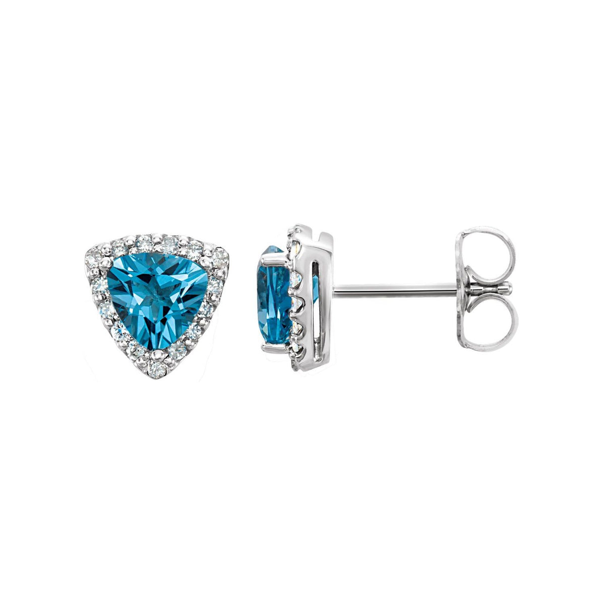14K White Gold trillion-cut Swiss blue topaz halo stud earrings