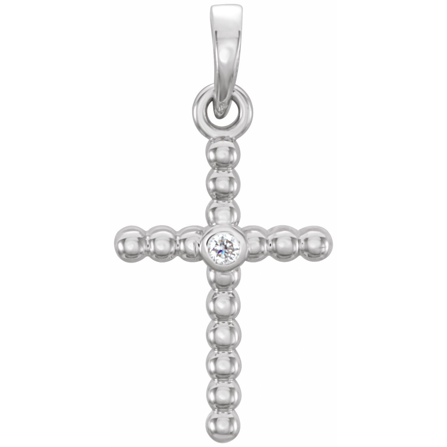 Diamond Beaded Gold Cross Necklace in 14K White Gold