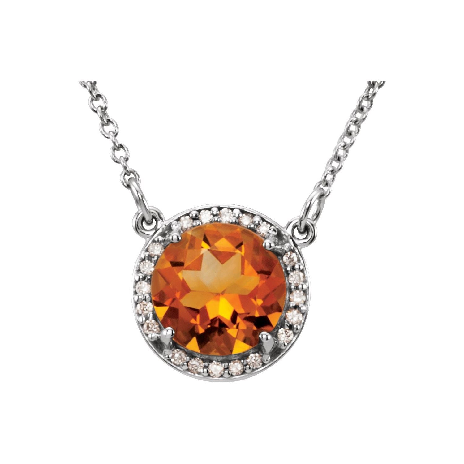 Citrine & Diamond Halo Necklace 6mm 16" in 14K White Gold