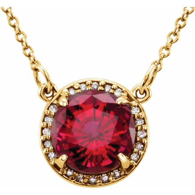 july ruby round diamond-halo necklace in 14k yellow gold