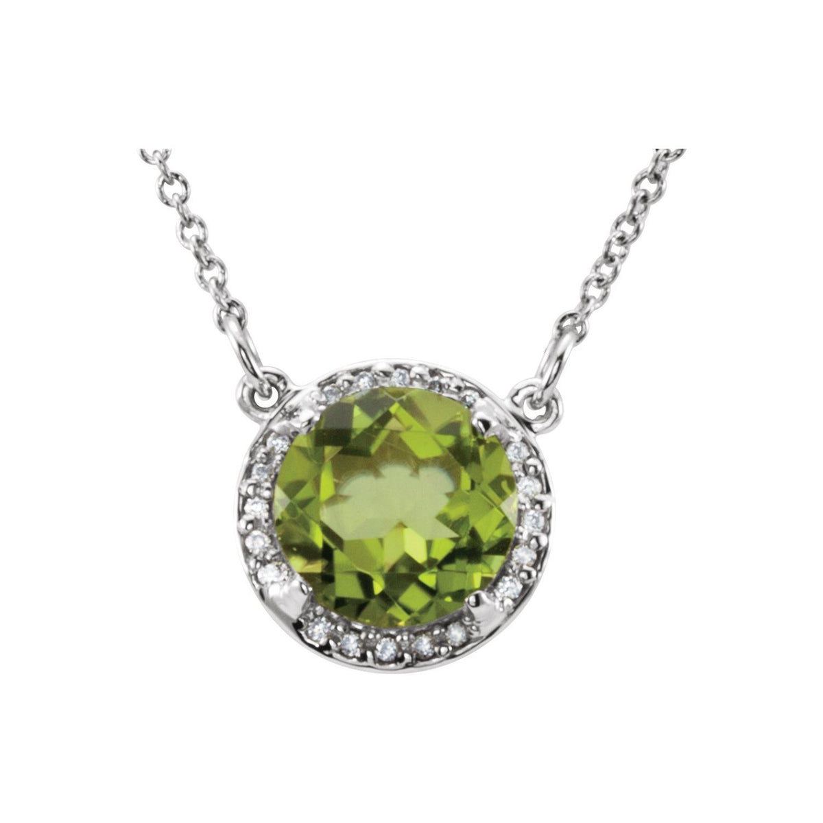 Peridot & Diamond Halo Necklace 6mm 16" in 14K White Gold
