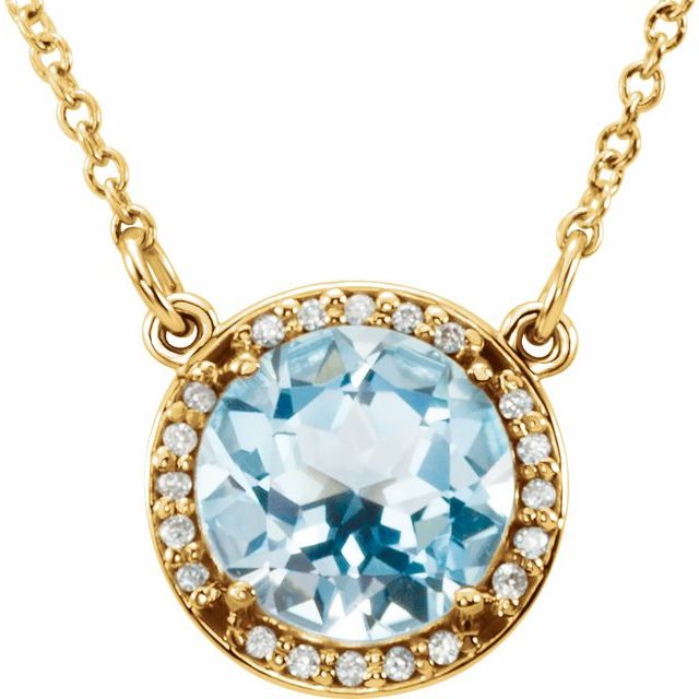 grand blue topaz diamond halo necklace in 14k yellow gold