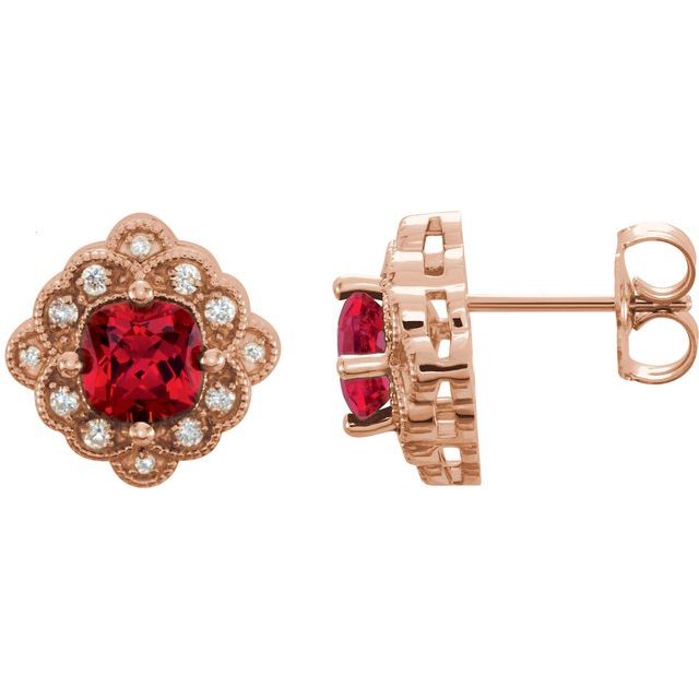 july ruby cushion diamond earrings in 14k rose gold