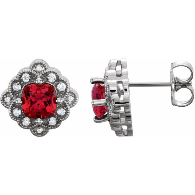july ruby cushion diamond earrings in 14k white gold