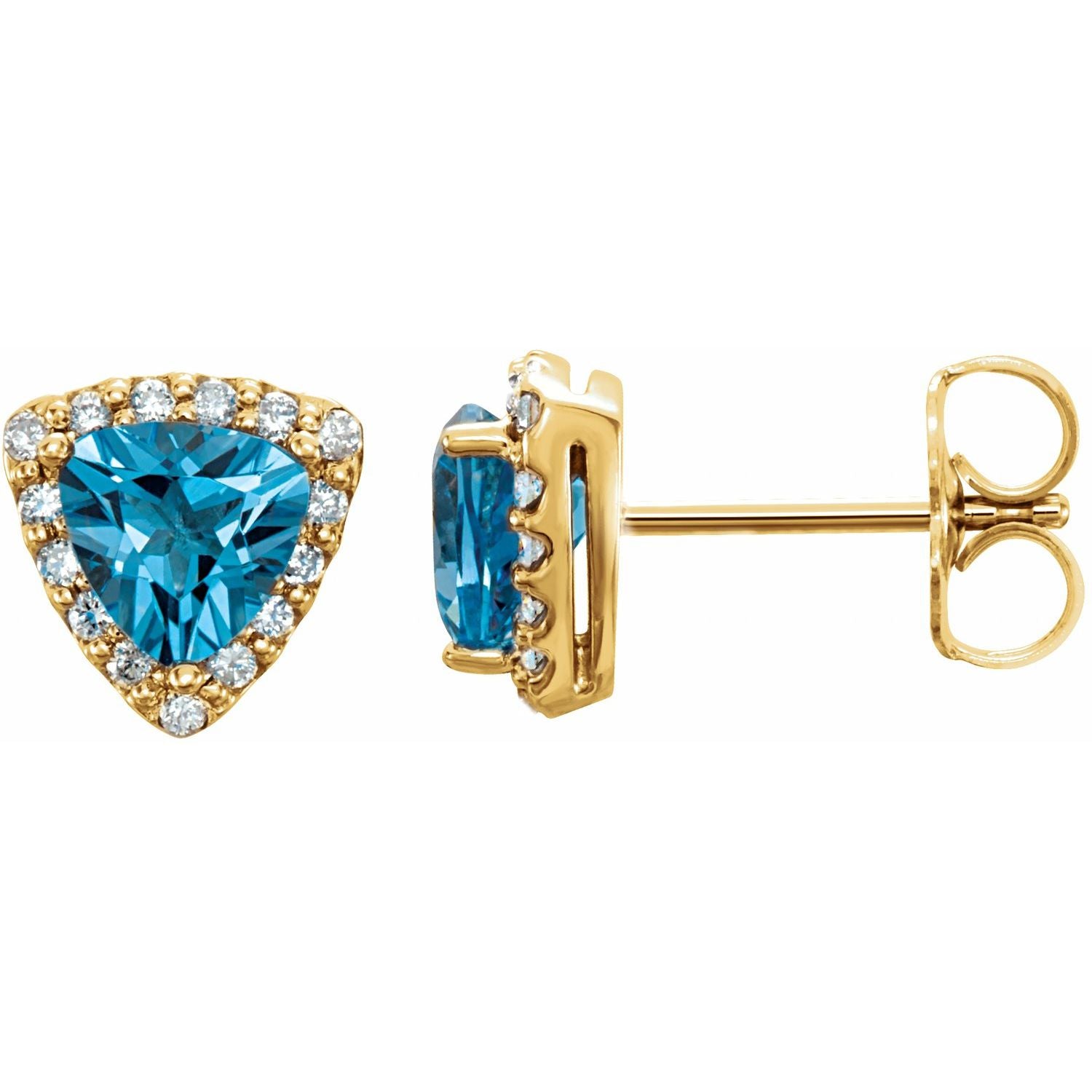 November Swiss Blue Topaz Trillion Diamond Earrings (1/8 ct tw) in 14k Yellow Gold