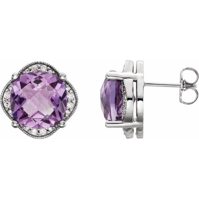 february amethyst cushion diamond halo earrings in 14k white gold