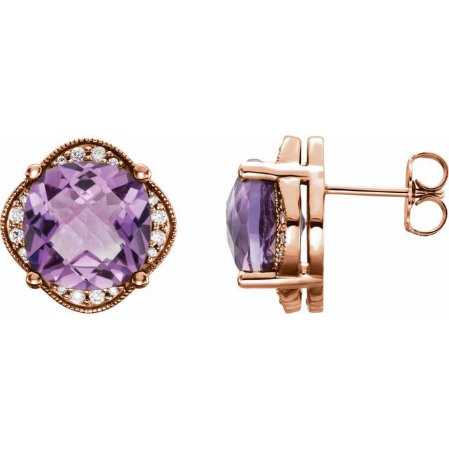 february amethyst cushion diamond halo earrings in 14k rose gold
