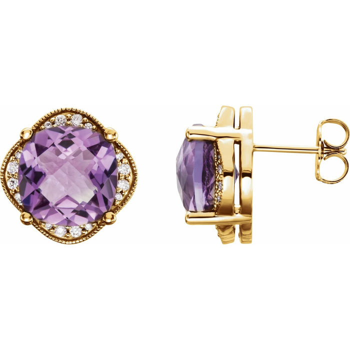 February Amethyst Cushion Diamond Halo Earrings (1/5 ct tw) in 14k Yellow Gold