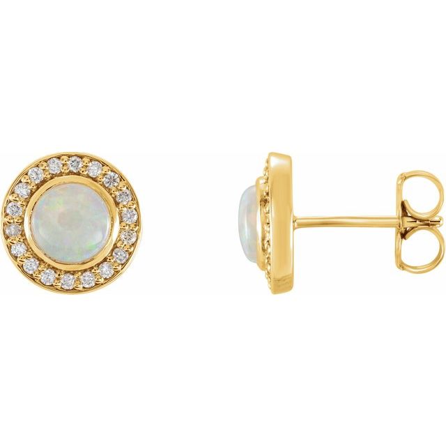 october opal round diamond halo earrings in 14k yellow gold
