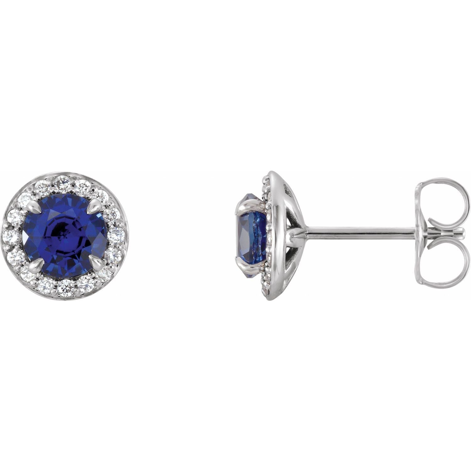 14K White Gold round lab-grown blue sapphire earrings
