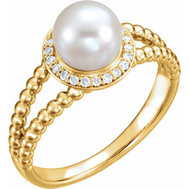 cultured pearl & diamond halo ring in 14k yellow gold