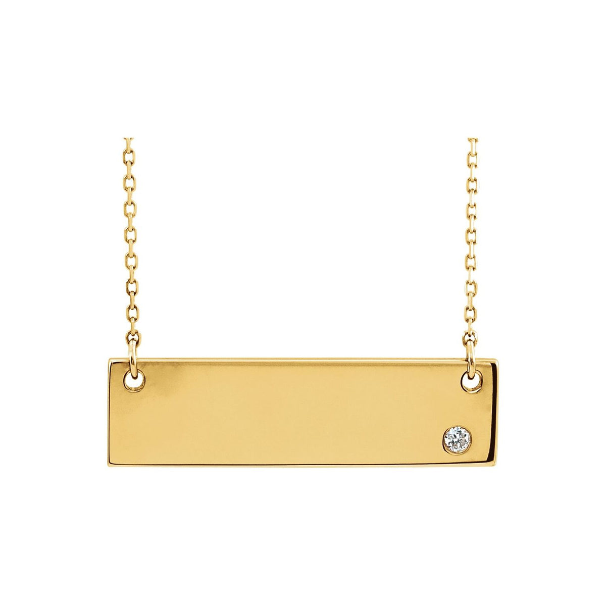 14K Yellow Gold engravable bar diamond necklace — .03 ct natural diamonds on an included 17" chain