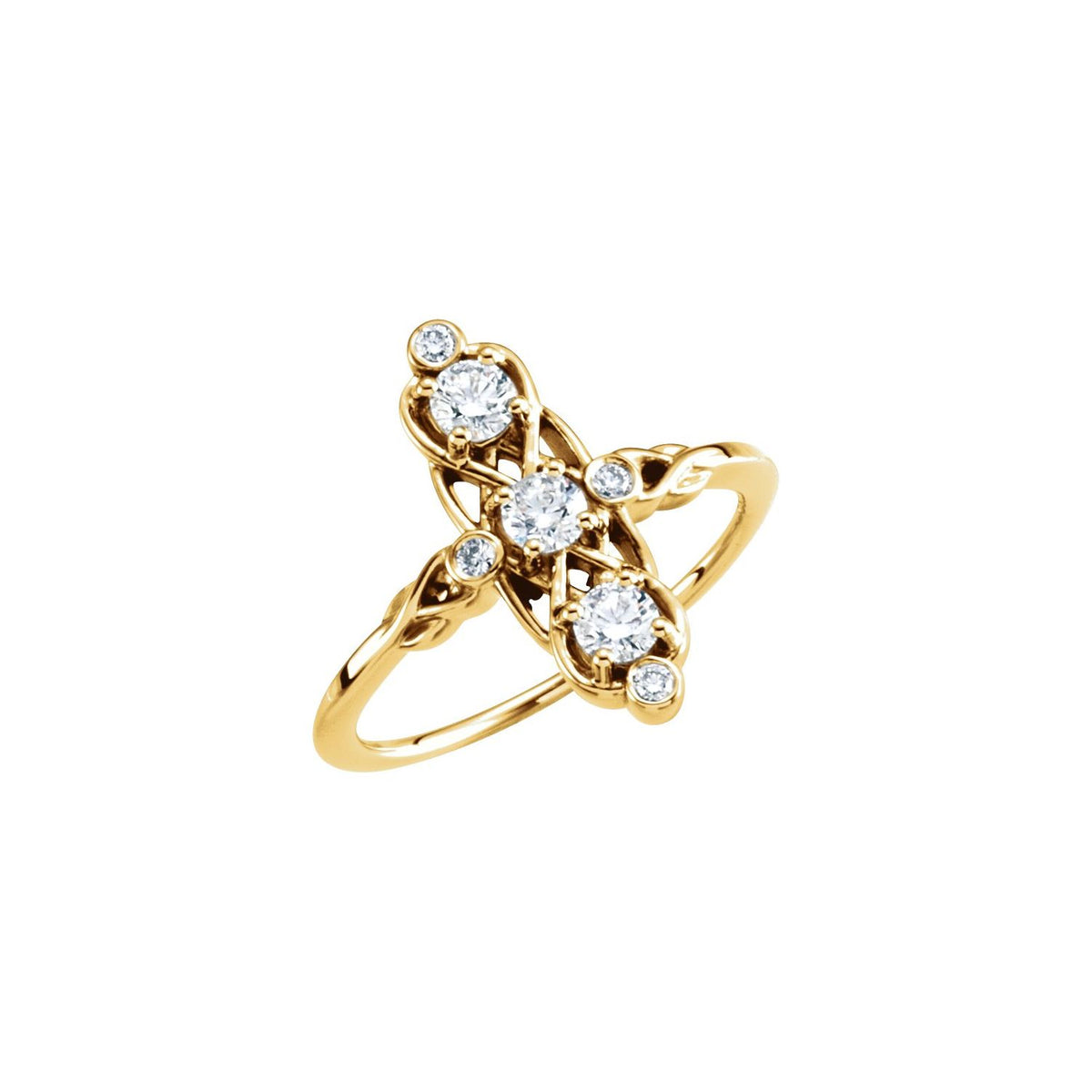 Round Three-Stone Natural Diamond Ring in 14K Yellow Gold