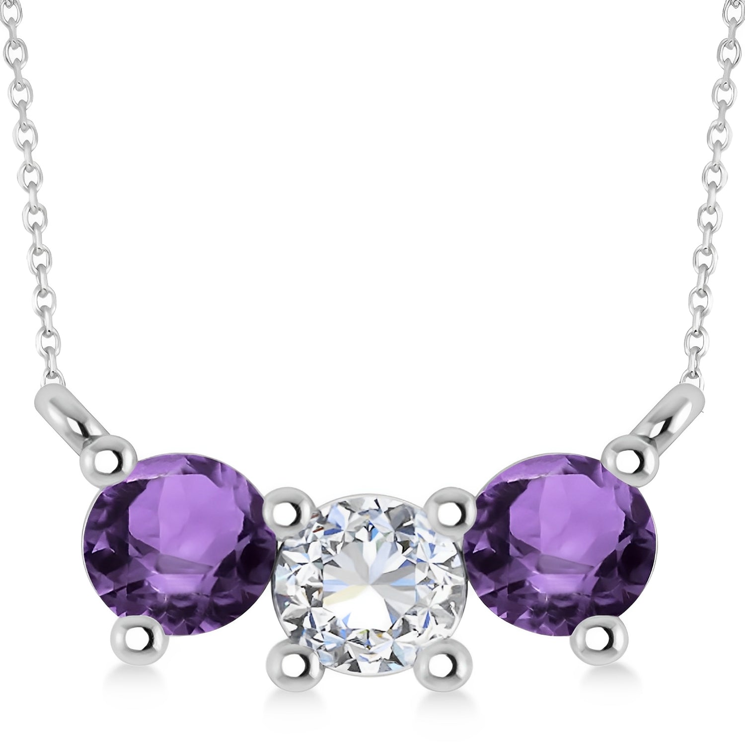 3 Stone Diamond & Amethyst Necklace in 14k White Gold Front View