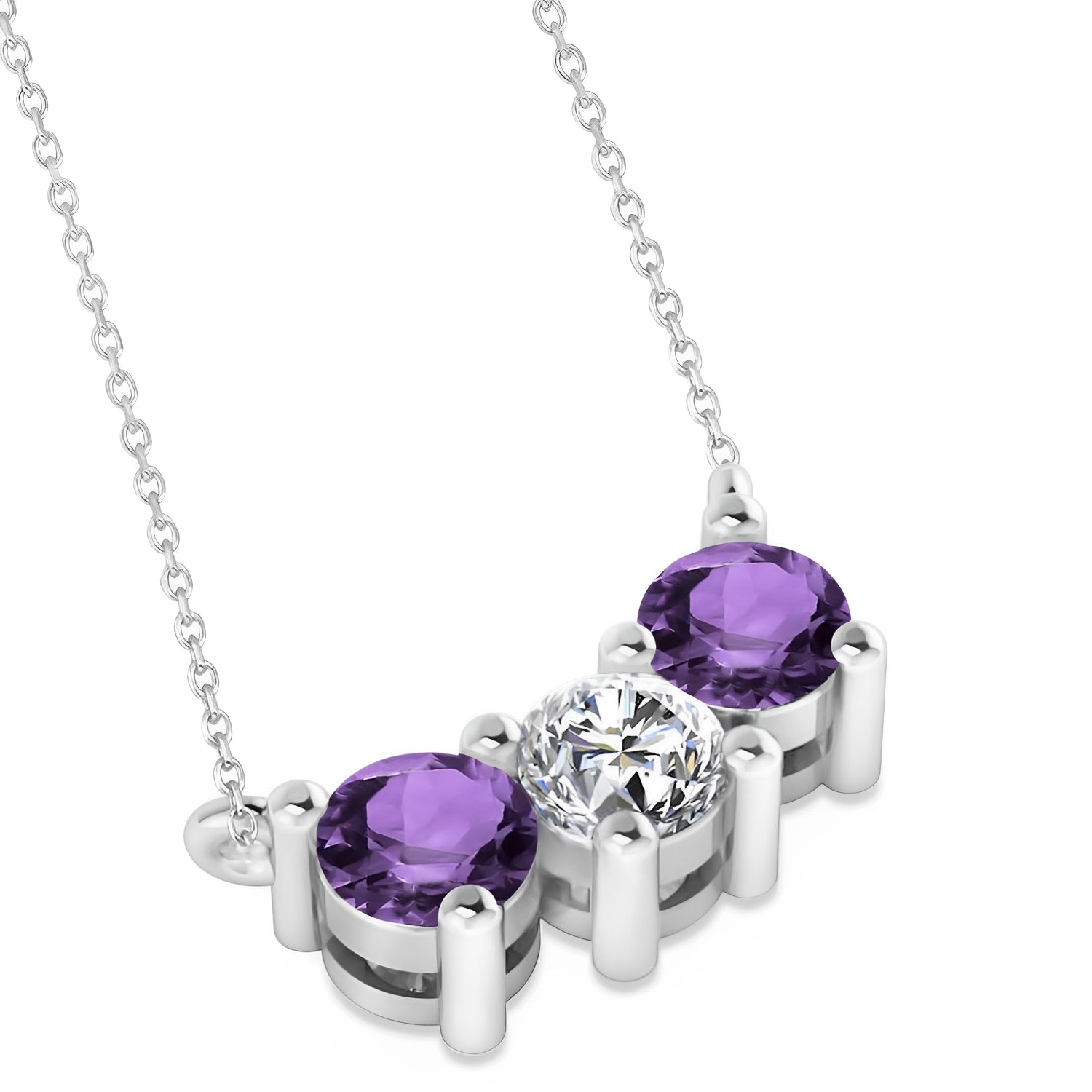 3 Stone Diamond & Amethyst Necklace in 14k White Gold Flat View