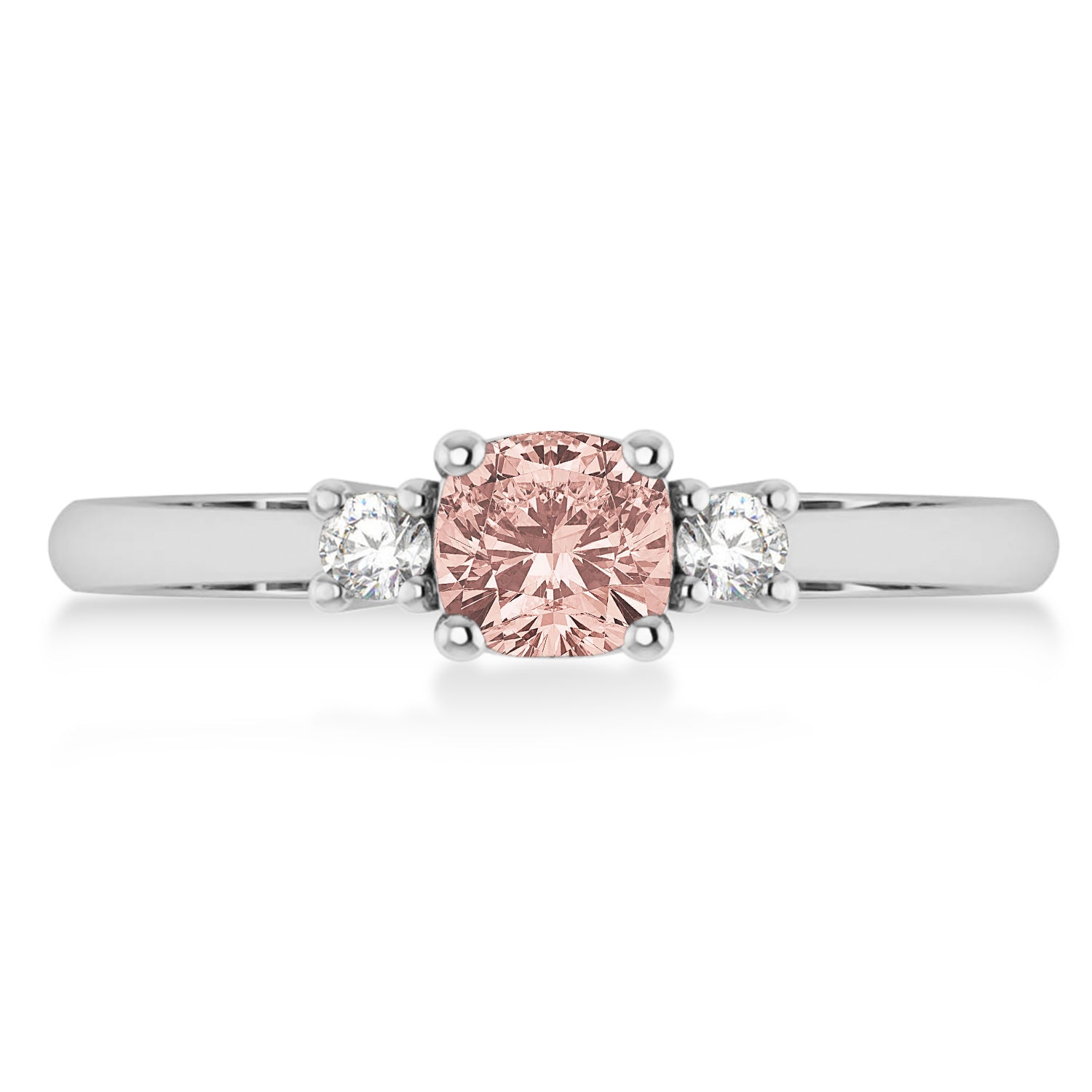 3 Stone Diamond & Cushion Cut Morganite Ring in 14k White Gold (0.60ct) Flat View