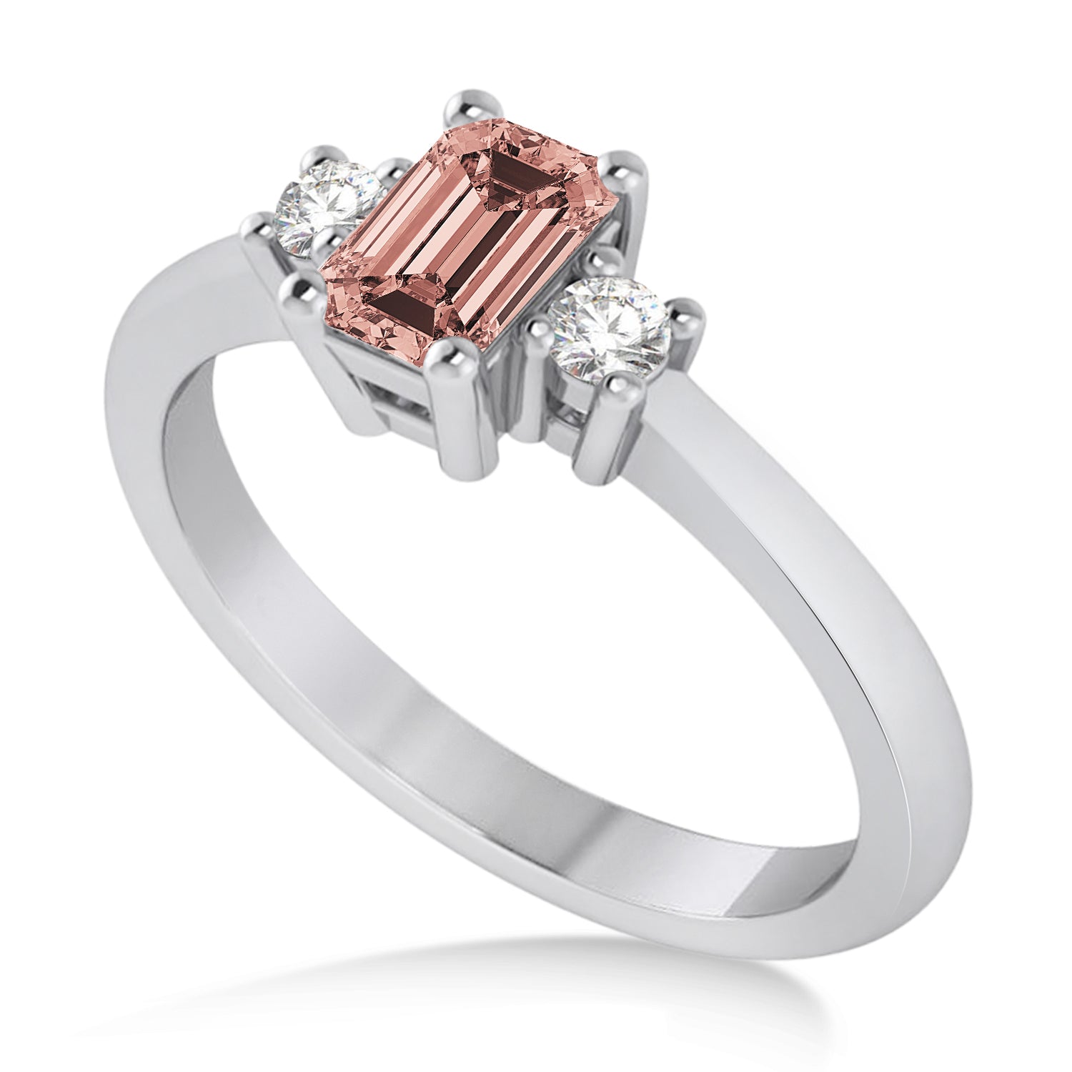 3 Stone Diamond & Emerald Cut Morganite Ring in 14k White Gold (0.60ct) Top View