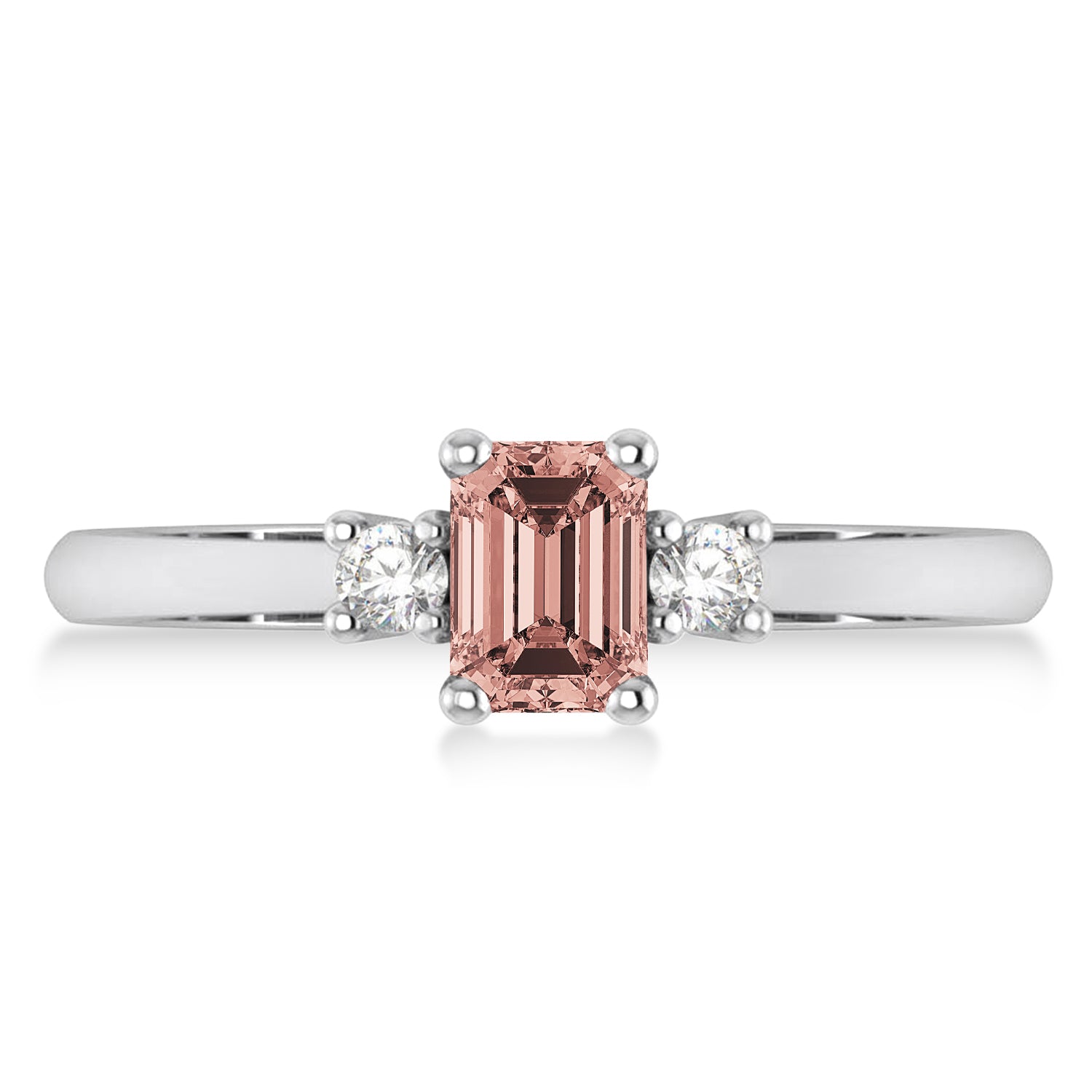 3 Stone Diamond & Emerald Cut Morganite Ring in 14k White Gold (0.60ct) Flat View