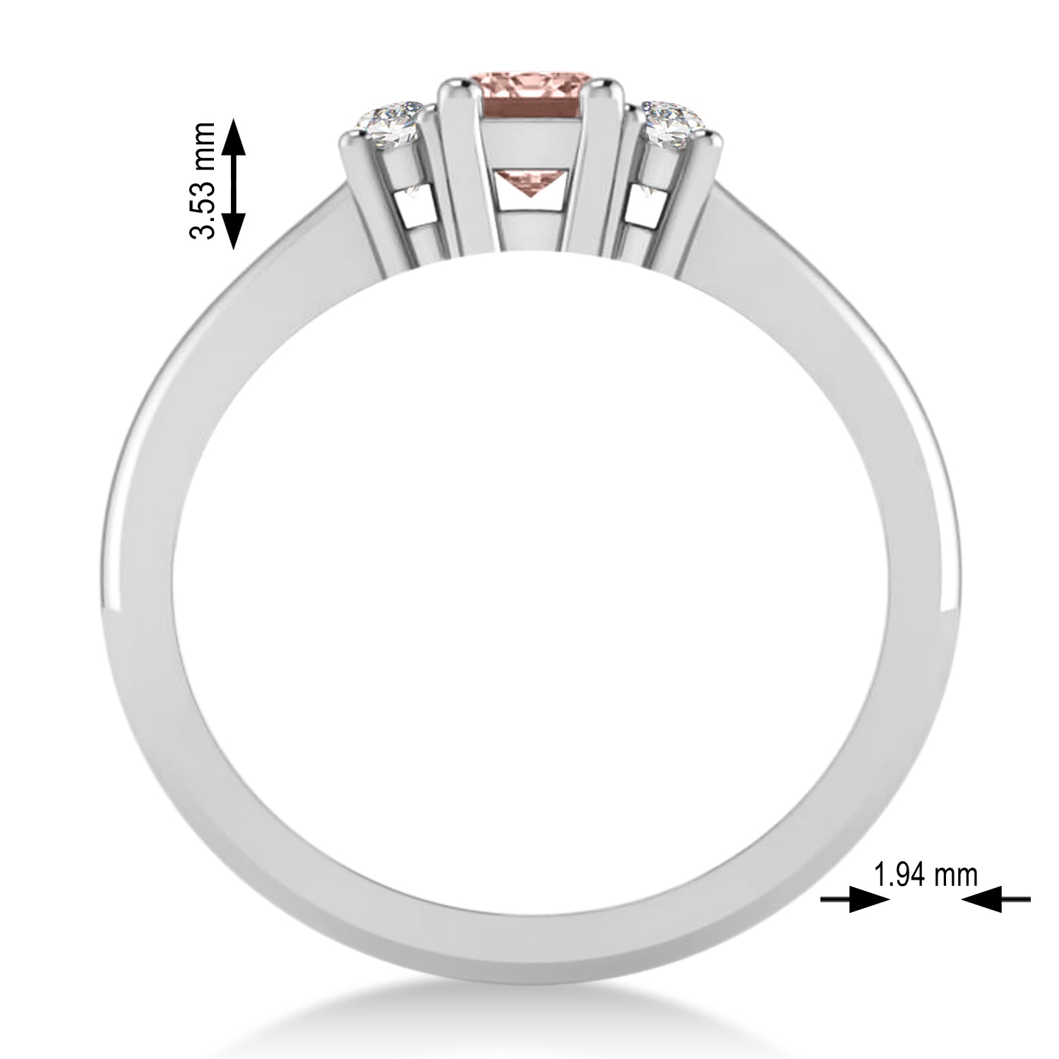 3 Stone Diamond & Emerald Cut Morganite Ring in 14k White Gold (0.60ct) Measurements