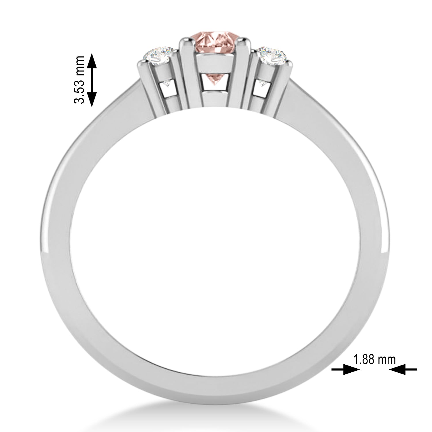 3 Stone Diamond & Small Oval Morganite Ring in 14k White Gold (0.60ct) Measurements