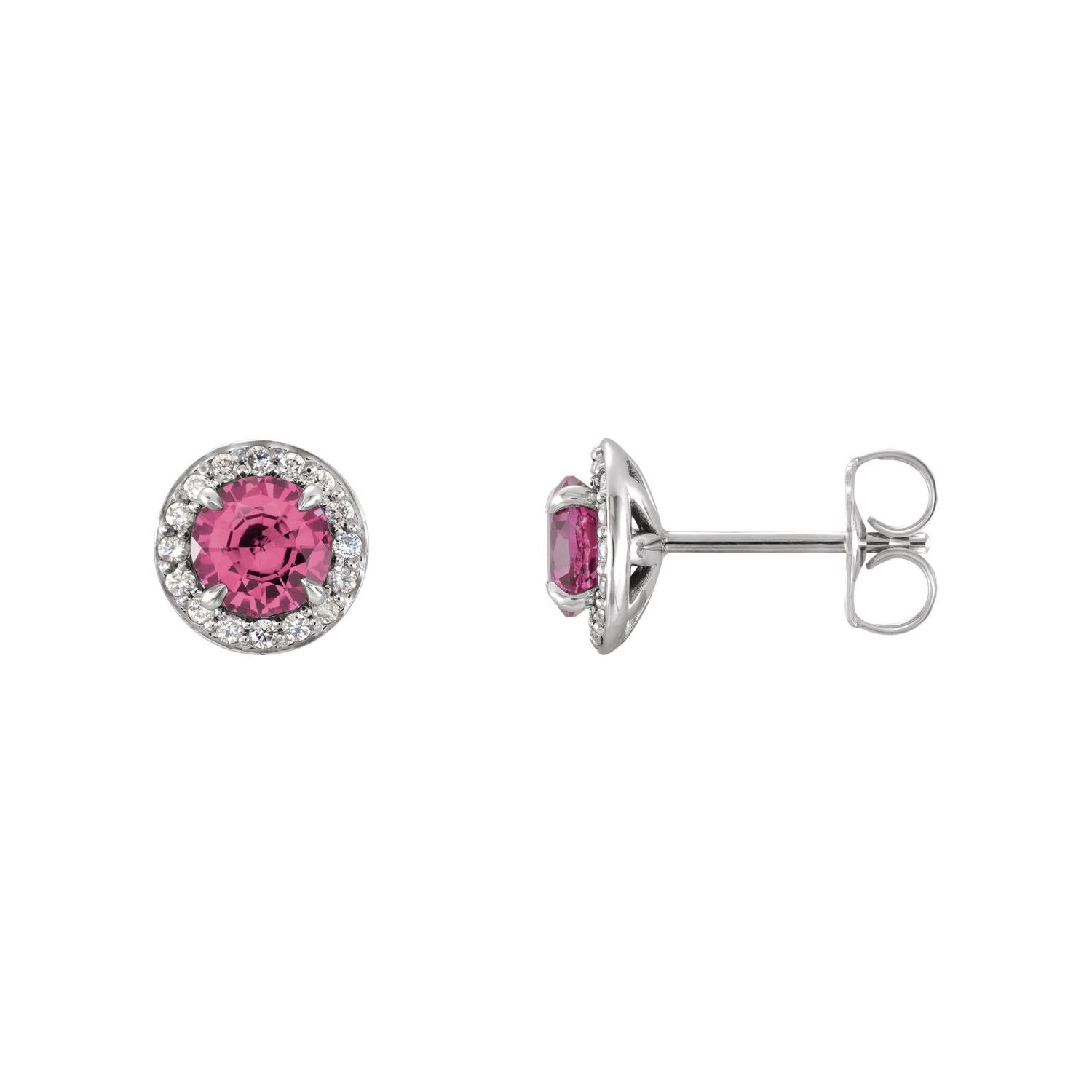 14K White Gold natural pink tourmaline round earrings
