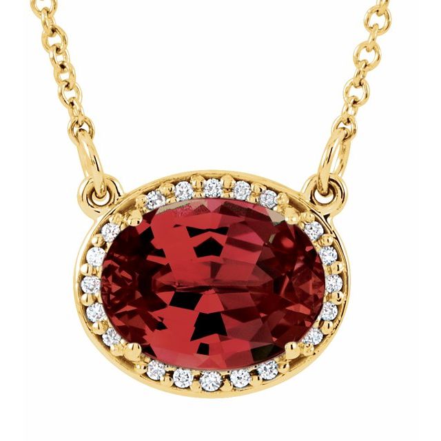january garnet oval diamond-halo necklace in 14k yellow gold
