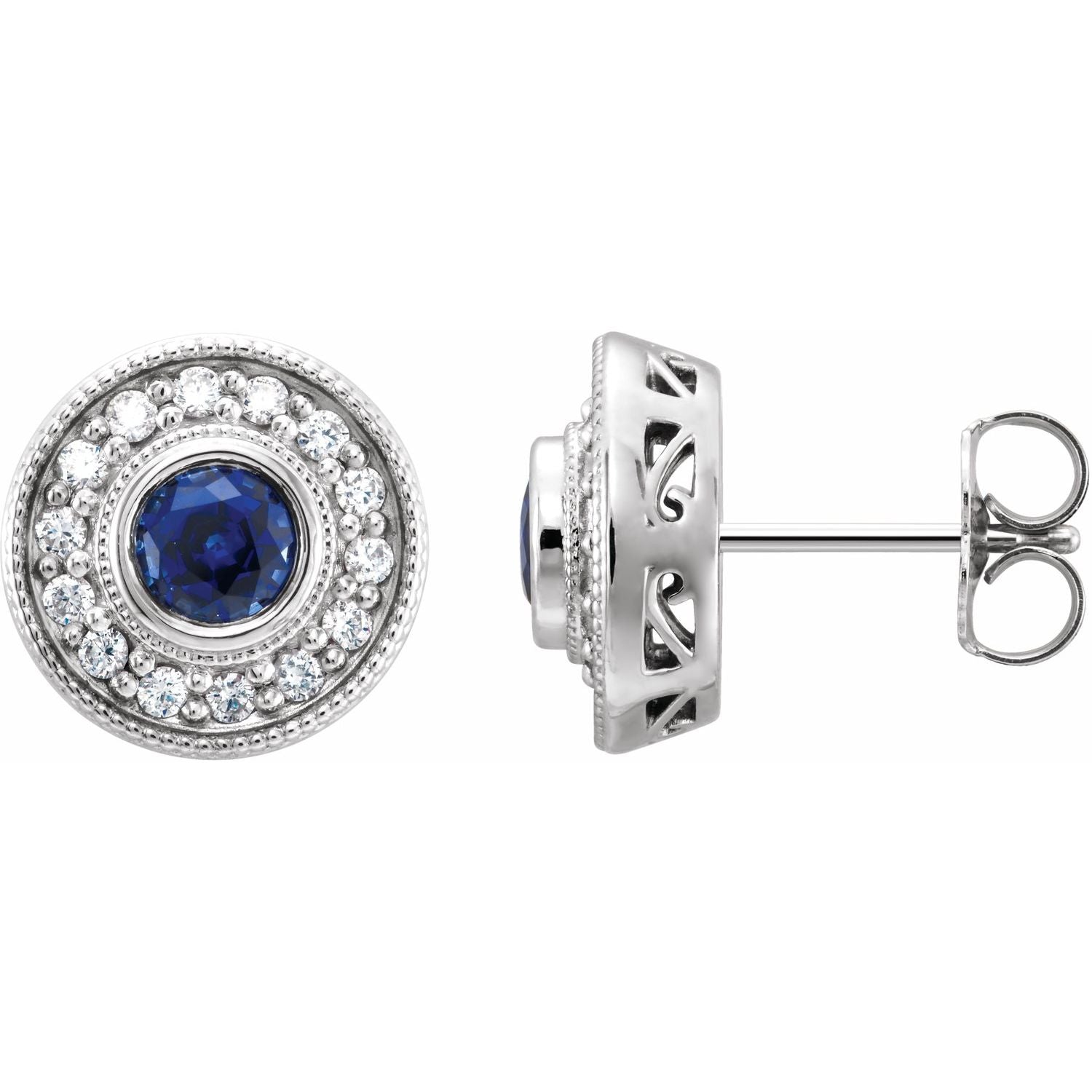 14K White Gold round lab-grown blue sapphire earrings