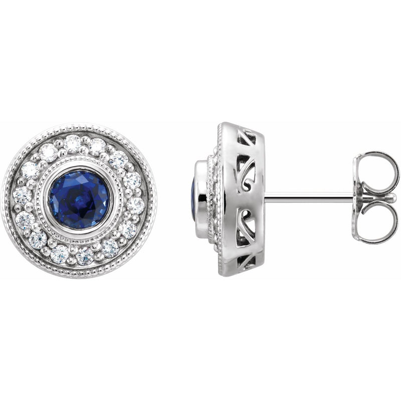 14K White Gold round lab-grown blue sapphire earrings