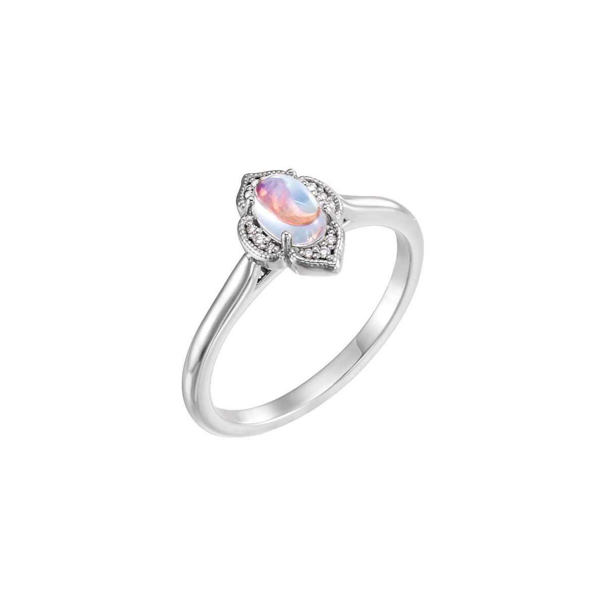 Rainbow Moonstone & Diamond Ring in 14K White Gold - natural rainbow moonstone