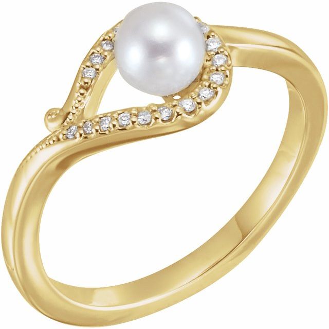 cultured pearl & diamond bypass ring in 14k yellow gold