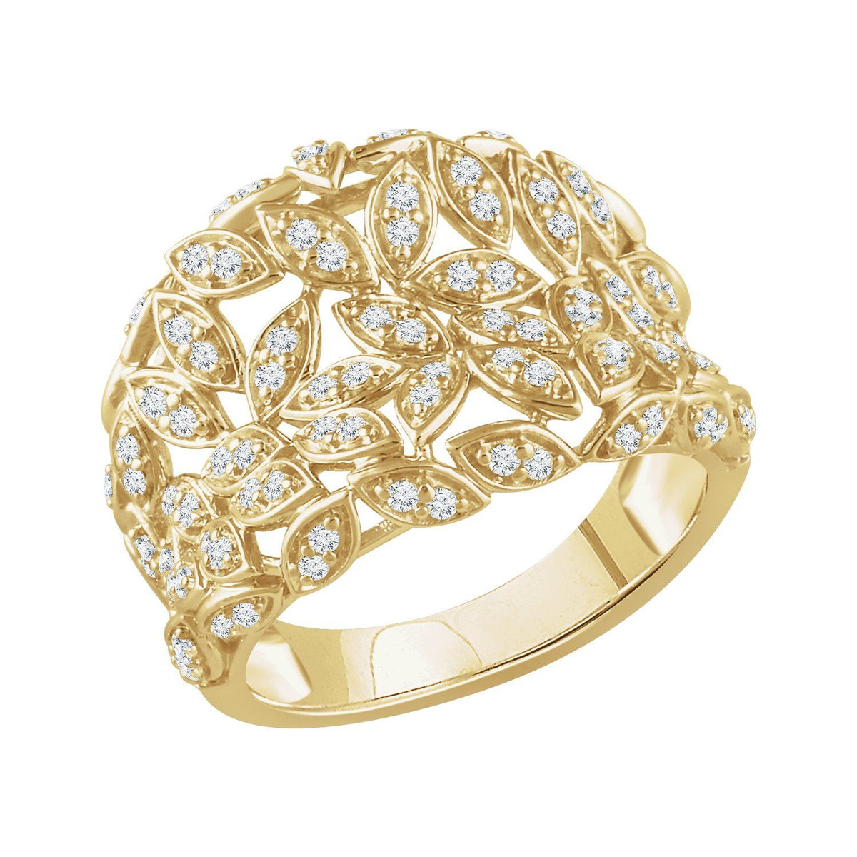 Round Leaf Natural Diamond Ring in 14K Yellow Gold