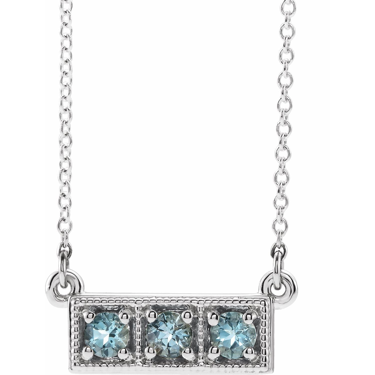 Aquamarine Three-Stone Bar Necklace 16-18" in 14K White Gold