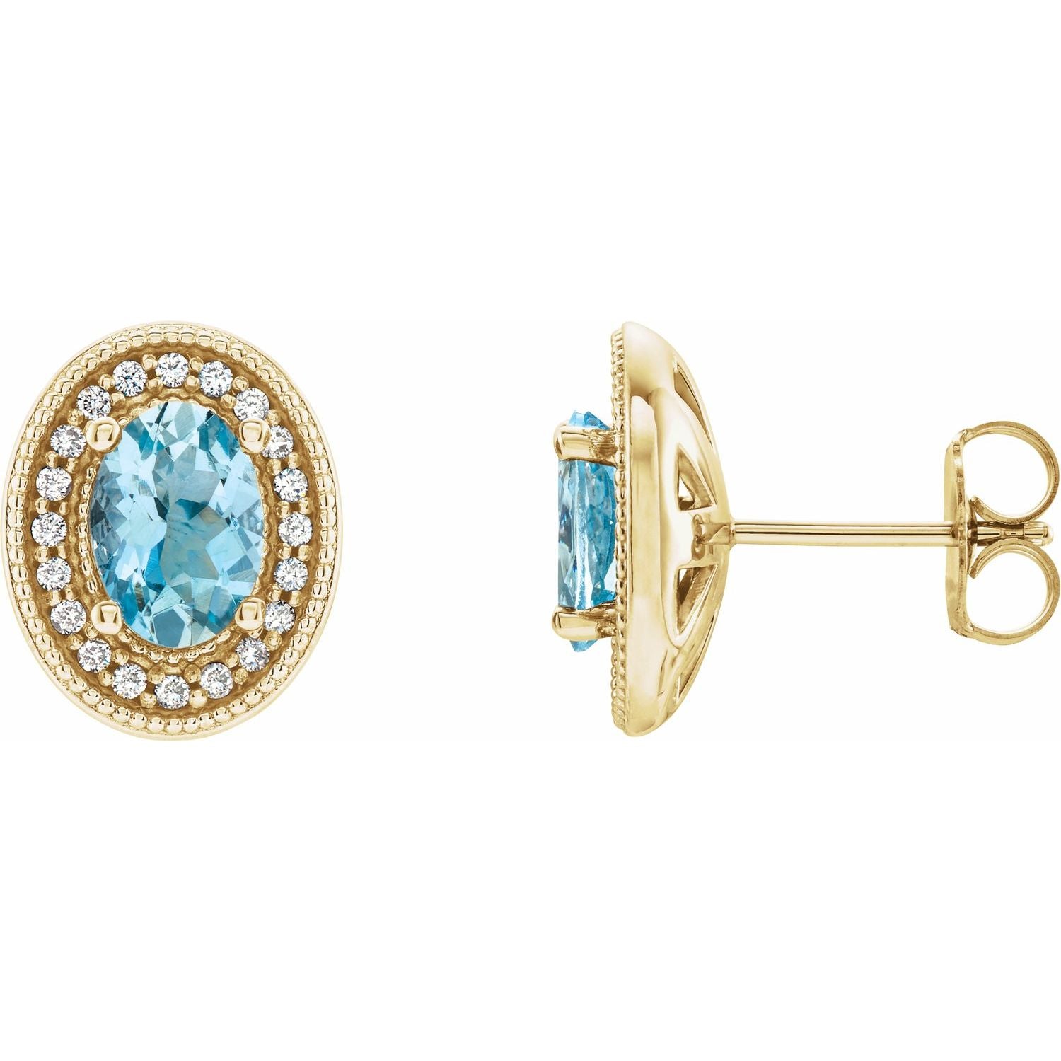 March Aquamarine Oval Diamond Halo Earrings (1/6 ct tw) in 14k Yellow Gold