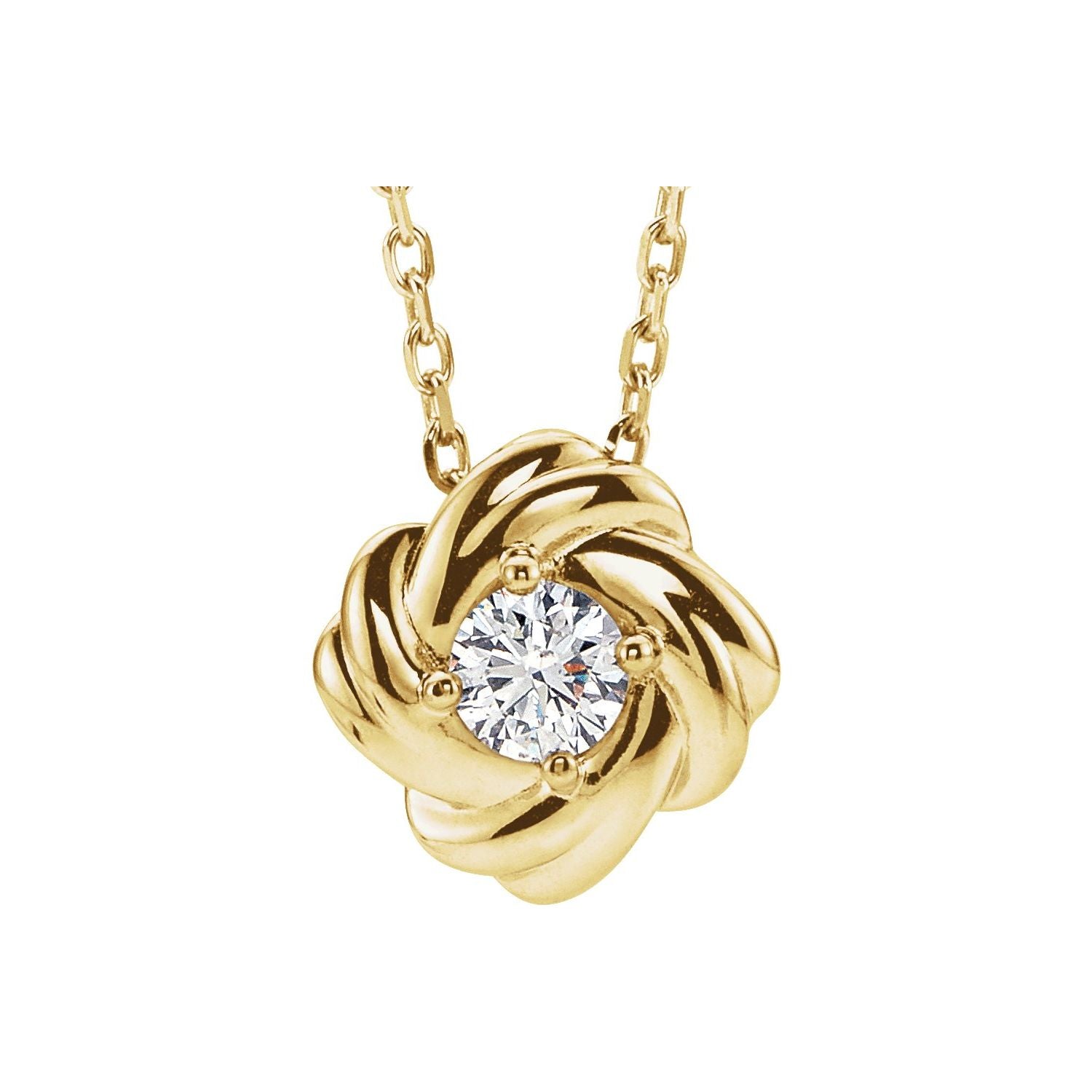 14K Yellow Gold love knot diamond necklace — 1/6 ct natural diamonds on an included 16-18" chain