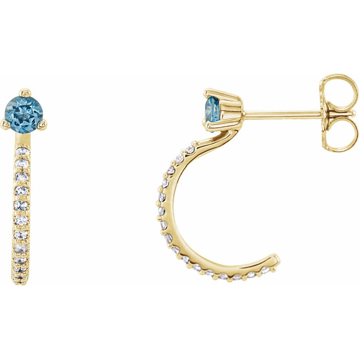 March Aquamarine Round Diamond Hoop Earrings (1/8 ct tw) in 14k Yellow Gold