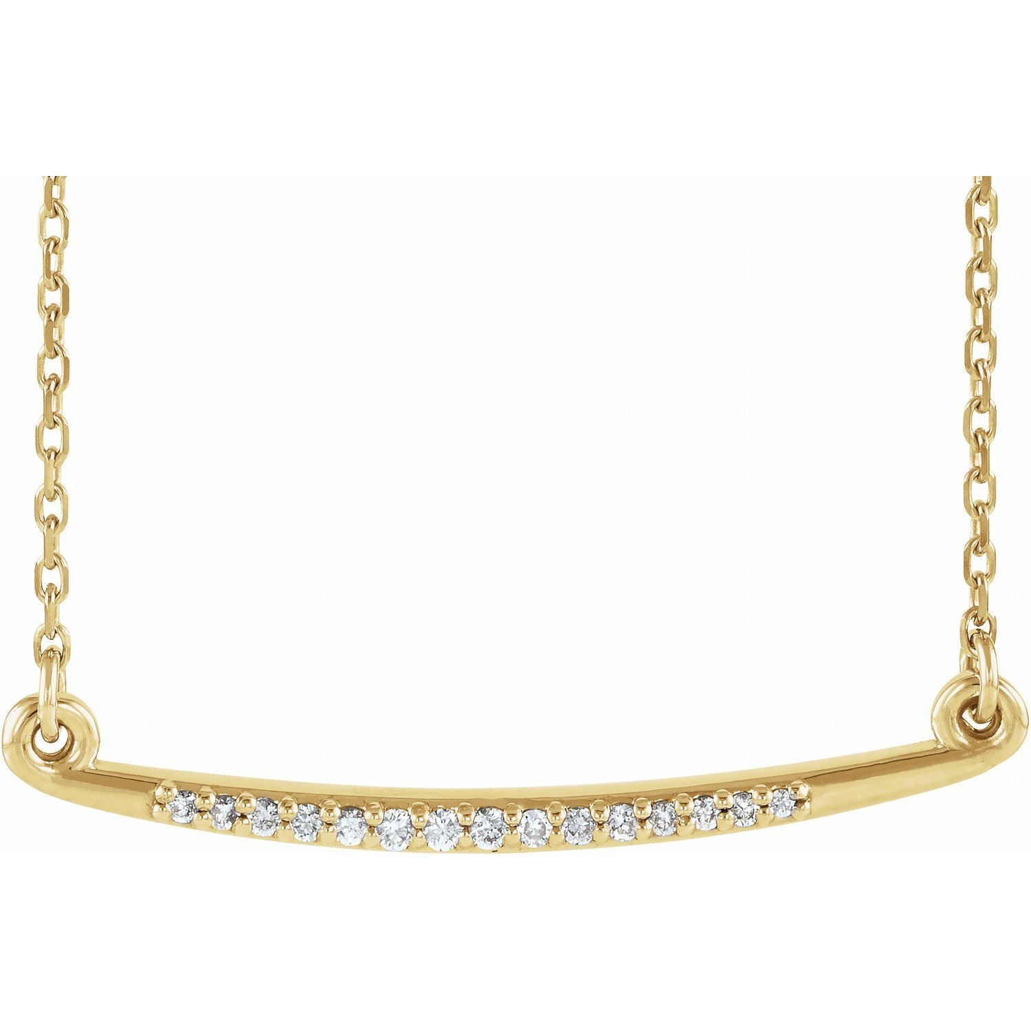 14K Yellow Gold curved bar diamond necklace — .05 ct natural diamonds on an included 16-18" chain