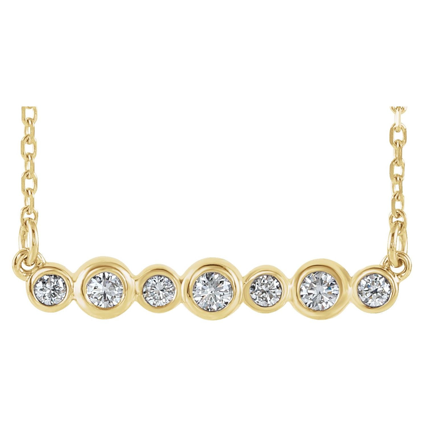 14K Yellow Gold bezel-set bar diamond necklace — 1/5 ct natural diamonds on an included 16-18" chain