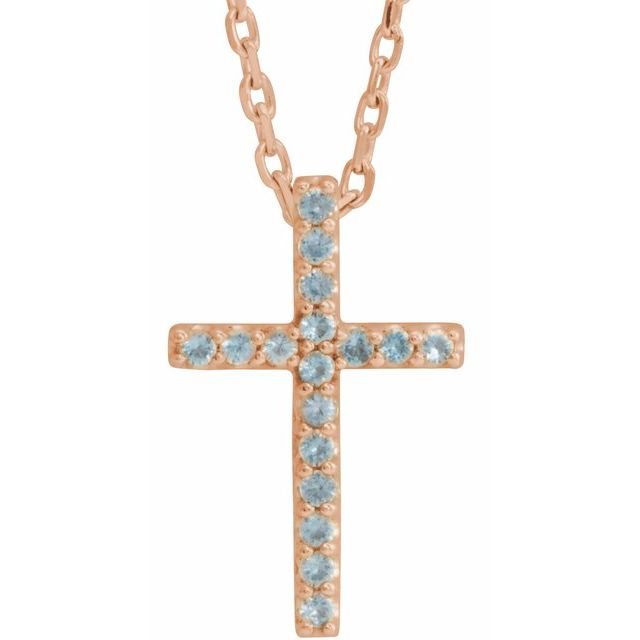 swiss blue topaz petite cross necklace in 14k rose gold