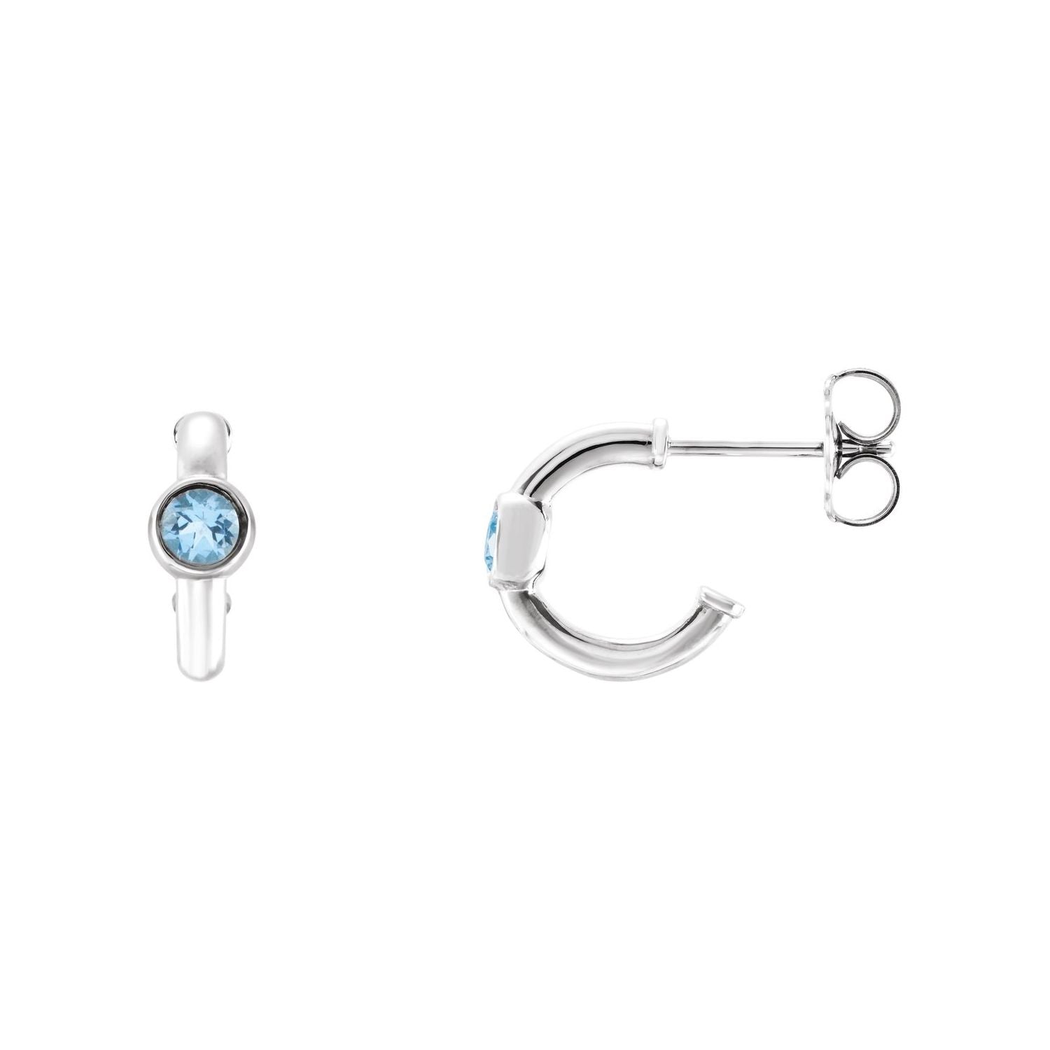 14K White Gold natural aquamarine round hoop earrings