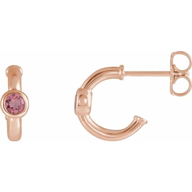 pink tourmaline huggie hoop earrings in 14k rose gold