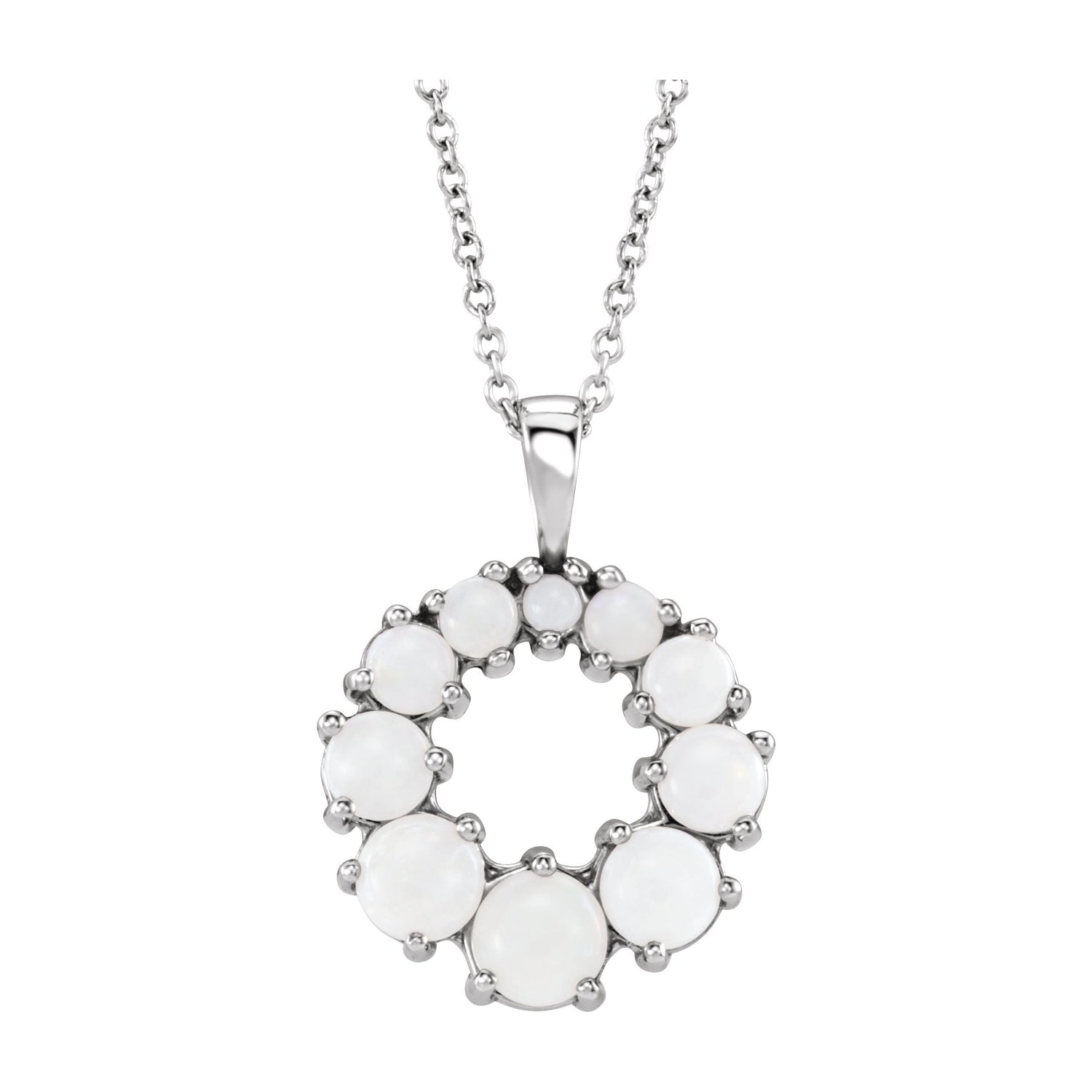 graduated opal cabochon open circle pendant, 14K White Gold