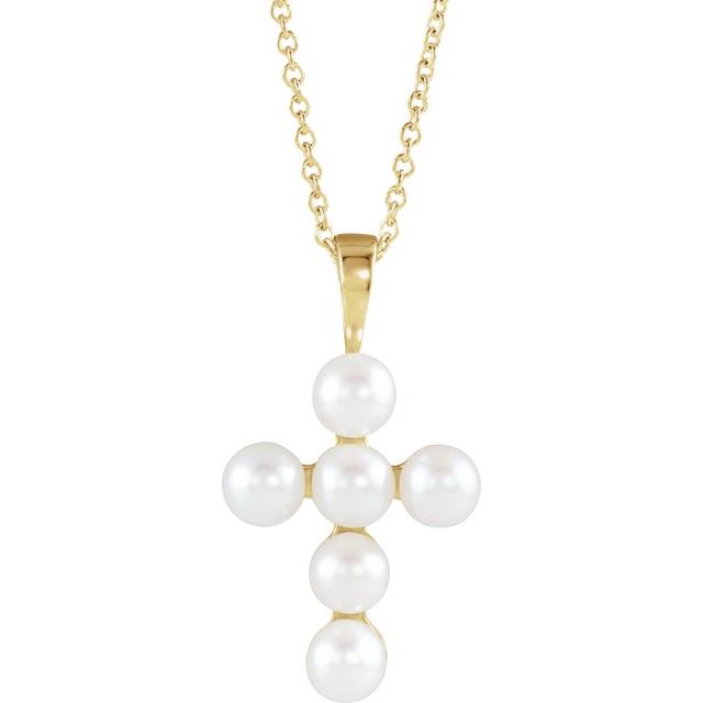 freshwater pearl cross necklace in 14k yellow gold