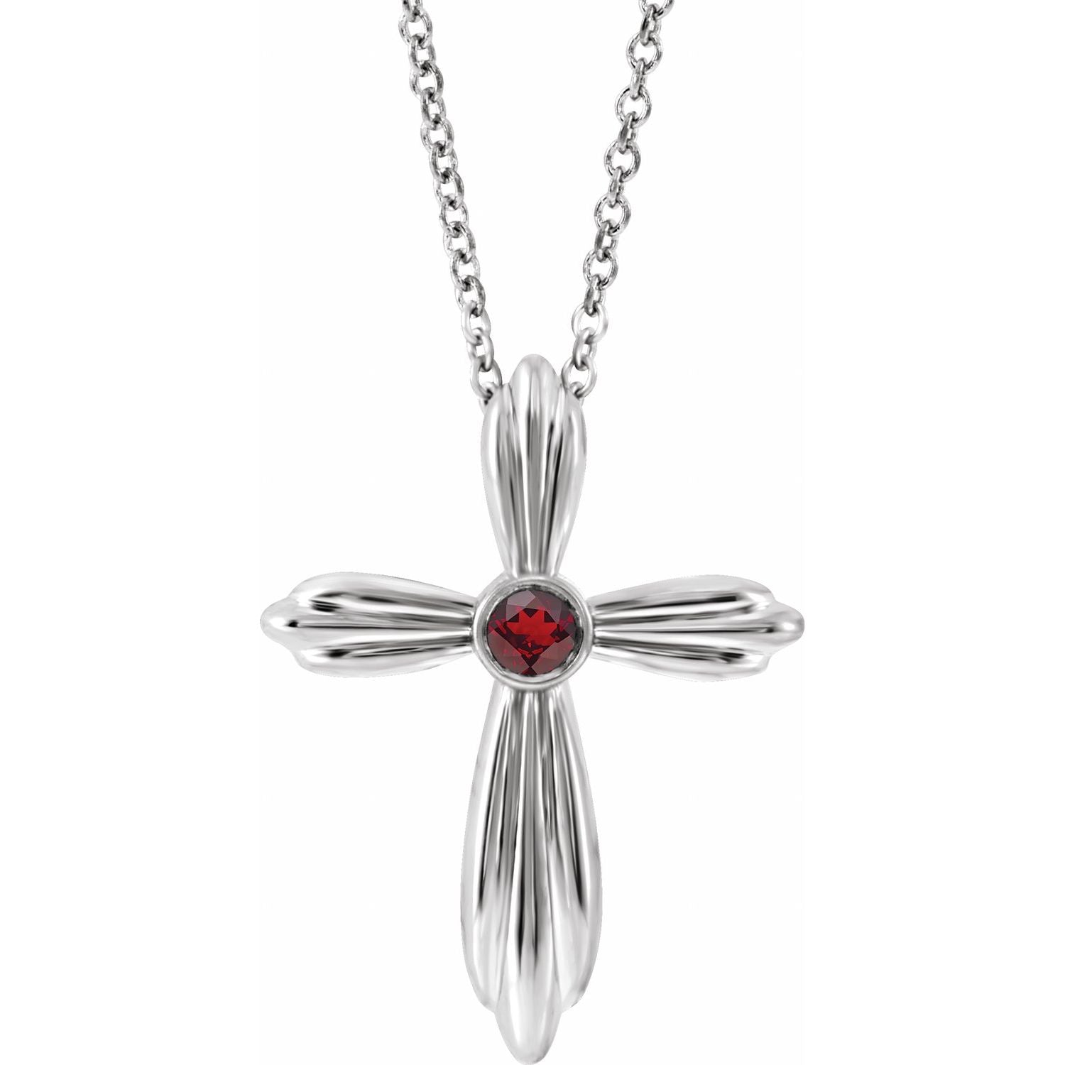 Garnet Cross Necklace 16-18" in 14K White Gold