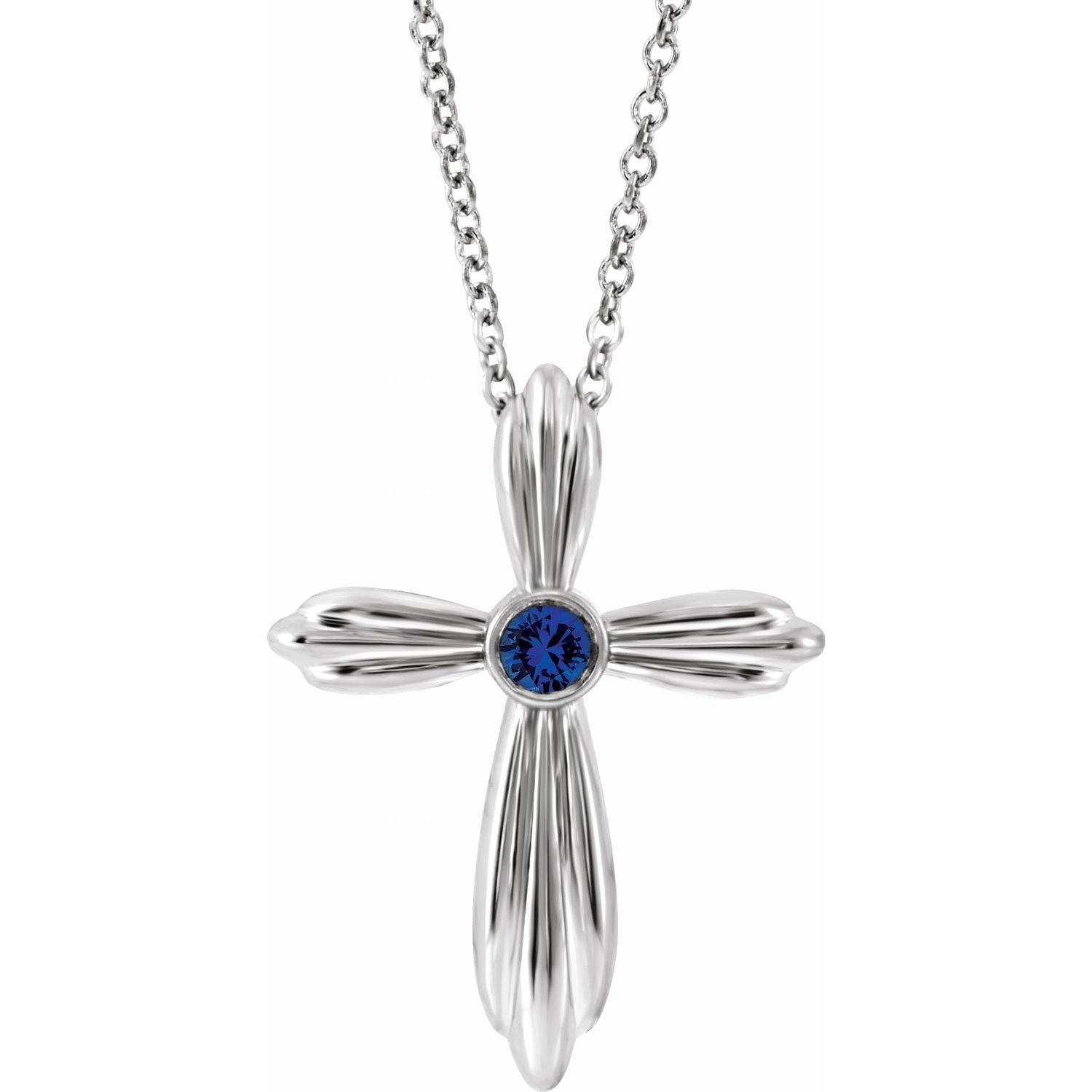 Blue Sapphire Cross Necklace 16-18" in 14K White Gold